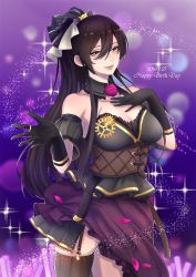 Rule 34 | 1girl, bare shoulders, black gloves, black hair, breasts, cleavage, commentary request, detached collar, dress, garter straps, gloves, hair between eyes, hand on own chest, high ponytail, highres, idol, idolmaster, idolmaster shiny colors, large breasts, long hair, open mouth, opuka, parted lips, ponytail, shirase sakuya, skirt, thighhighs, very long hair, yellow eyes