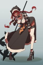 Rule 34 | 1girl, artist request, braid, breasts, cleavage, fang, frills, fur trim, hat, heels, large breasts, leaning forward, looking at viewer, lupusregina beta, maid, overlord (maruyama), red hair, side slit, smile, solo, staff (weapon), standing, tan, thick thighs, thighhighs, thighs, twin braids, werewolf, yellow eyes
