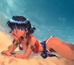 Rule 34 | 1girl, armlet, artist name, ass, bandeau, beach, black hair, blue eyes, bracelet, breasts, choker, cleavage, closed mouth, commentary, dark-skinned female, dark skin, earrings, english commentary, fushigi no umi no nadia, gold choker, hair ornament, highres, hoop earrings, jewelry, looking at viewer, lying, medium hair, nadia la arwall, on stomach, optionaltypo, sand, solo, thighs, wet, white bandeau