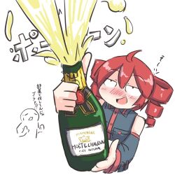 Rule 34 | 1girl, ahoge, bare shoulders, black shirt, black sleeves, blush, bottle, breast pocket, champagne bottle, chibi, chibi inset, closed eyes, commentary, detached sleeves, dot pupils, doyagao, drill hair, drunk, foreshortening, highres, holding, holding bottle, jitome, kasane teto, kenno9mp40, master (vocaloid), meme, open mouth, outstretched hand, pocket, raised eyebrows, red hair, shirt, short hair, simple background, sleeveless, sleeveless shirt, smile, smug, solo focus, sound effects, spraying, symbol-only commentary, translated, twin drills, twitter rabbit ears (meme), utau, white background