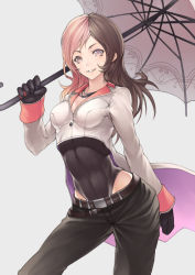Rule 34 | 1girl, :d, bad id, bad pixiv id, bare hips, belt, black gloves, black pants, breasts, brown eyes, brown hair, covered navel, cowboy shot, gloves, heterochromia, holding, holding umbrella, jewelry, kyoeiki, long hair, long sleeves, looking at viewer, medium breasts, multicolored hair, necklace, neo politan, open mouth, pants, pink eyes, pink hair, rwby, simple background, smile, smirk, solo, split-color hair, two-tone hair, umbrella, white background