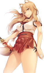 Rule 34 | 1girl, animal ear fluff, animal ears, blonde hair, breasts, cowboy shot, fate/extra, fate/extra ccc, fate/extra ccc fox tail, fate (series), fox ears, fox tail, grin, hakama, hakama short skirt, hakama skirt, highres, japanese clothes, long hair, looking at viewer, medium breasts, no panties, red ribbon, red skirt, ribbon, sajittari, shirt, short sleeves, skirt, smile, solo, suzuka gozen (fate), tail, white shirt, yellow eyes