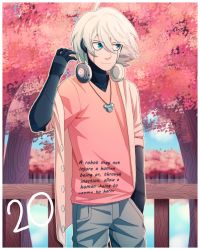 Rule 34 | 1boy, ahoge, alternate costume, android, border, cheer (cheerpuppy14), cherry blossoms, commentary, danganronpa (series), danganronpa v3: killing harmony, english commentary, english text, hair between eyes, hand in pocket, hand up, headphones, headphones around neck, highres, jewelry, k1-b0, long sleeves, looking at viewer, male focus, necklace, outdoors, pants, pink shirt, shirt, smile, solo, three laws of robotics, tree, white border