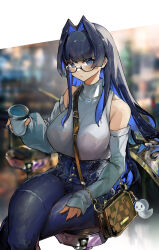 Rule 34 | 1girl, absurdres, bag, bare shoulders, between breasts, blue eyes, blue hair, blue pants, blunt bangs, blurry, blurry background, boros (ouro kronii), breasts, brown bag, cafe, clothing cutout, coffee cup, commentary, crossed legs, cup, denim, disposable cup, english commentary, glasses, hair intakes, handbag, high-waist pants, highres, holding, holding cup, hololive, hololive english, indoors, jeans, large breasts, light blush, long hair, long sleeves, looking at viewer, official alternate costume, ouro kronii, ouro kronii (casual), pants, semi-rimless eyewear, shirt, shoulder cutout, sitting, sleeves past wrists, solo, strap between breasts, virtual youtuber, vyragami, white shirt