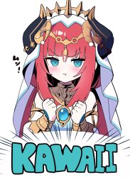 Rule 34 | 1girl, :t, blue eyes, blunt bangs, clenched hands, commentary request, fake horns, genshin impact, highres, horns, nilou (genshin impact), pout, red hair, romaji text, simple background, solo, upper body, v-shaped eyebrows, veil, white background, white headwear, zenshin