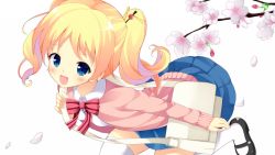 Rule 34 | 10s, 1girl, :d, alice cartelet, bad id, bad pixiv id, bag, blonde hair, blue eyes, blue skirt, cherry blossoms, hair ornament, hair stick, handbag, highres, holding strap, kin-iro mosaic, looking at viewer, maccha, mary janes, open mouth, petals, ribbon, shoes, skirt, smile, solo, twintails, white legwear