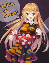 Rule 34 | 1girl, aged up, alternate color, black background, blonde hair, breasts, candy, clownpiece, commentary request, cowboy shot, dress, fairy wings, fang, food, hair between eyes, halloween, hat, holding, holding clothes, holding hat, jack-o&#039;-lantern, jester cap, lollipop, long hair, long sleeves, looking at viewer, medium breasts, open mouth, pantyhose, pointy ears, red eyes, red hat, short dress, simple background, smile, solo, striped, touhou, transparent wings, trick or treat, unworn hat, unworn headwear, very long hair, wings, z.o.b