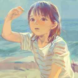 Rule 34 | 1girl, blue sky, brown eyes, brown hair, child, day, grey shirt, hand up, holding, ocean, original, parted lips, realistic, sand, shirt, short hair, short sleeves, sky, solo, striped clothes, striped shirt, t-shirt, tunapon01