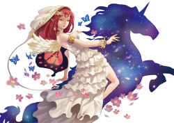 Rule 34 | armband, bug, butterfly, dress, earrings, facial mark, flower, horse, insect, jewelry, pindleskin, pointy ears, red eyes, red hair, silhouette, solo, star (symbol), tiara, veil, wedding dress, wings