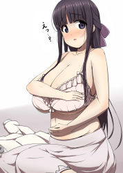 Rule 34 | 1girl, bad proportions, bare shoulders, belly, black eyes, black hair, blush, bow, bra, breasts, cleavage, frilled bra, frills, gigantic breasts, hair bow, huge breasts, long hair, namamo (kura), navel, parted lips, solo, underwear