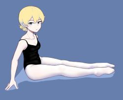 Rule 34 | 1girl, absurdres, ballet, bingbingzi, black leotard, blonde hair, blue background, blue eyes, braid, commentary, darjeeling (girls und panzer), feet, female focus, full body, girls und panzer, highres, legs, legs together, leotard, light frown, looking at viewer, no shoes, outstretched legs, pantyhose, parted lips, shadow, short hair, simple background, sitting, solo, spaghetti strap, thighs, white pantyhose