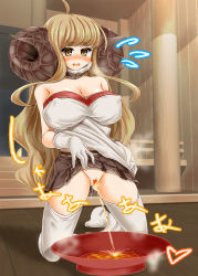 Rule 34 | 1girl, anila (granblue fantasy), artist request, blonde hair, blush, brown eyes, censored, cleft of venus, clothes lift, curled horns, gloves, granblue fantasy, heart, heart censor, horns, lifted by self, long hair, no panties, peeing, pussy, skirt, skirt lift, solo, thighhighs