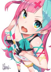 Rule 34 | 1girl, aqua hair, artist name, black gloves, blue eyes, bow, bowtie, breasts, from above, gloves, green bow, green bowtie, hair ornament, highres, long hair, looking at viewer, looking up, mappaninatta, multicolored bow, multicolored hair, open mouth, pink hair, pinky pop hepburn, small breasts, smile, solo, standing, the moon studio, thigh strap, two-tone hair, very long hair, virtual youtuber, x hair ornament