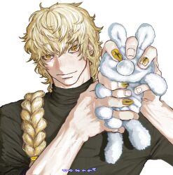 Rule 34 | 1boy, 6 zima, absurdres, after god, artist name, black shirt, blonde hair, braid, closed mouth, fingernails, highres, holding, holding stuffed toy, looking at viewer, obikawa kiyoshi, shirt, simple background, smile, solo, stuffed animal, stuffed rabbit, stuffed toy, upper body, white background, yellow eyes, yellow nails