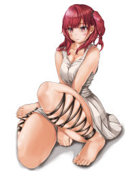 Rule 34 | 1girl, bare shoulders, barefoot, breasts, covering privates, covering crotch, dress, feet, female focus, large breasts, legs, long hair, magi the labyrinth of magic, morgiana, red eyes, red hair, seinto (metameter), side ponytail, simple background, sitting, skirt, solo, toes, white background