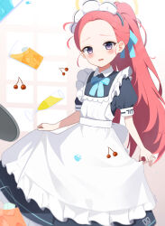 Rule 34 | 1girl, apron, apron lift, blue archive, blue bow, blush, bow, cherry, clothes lift, commentary, english commentary, food, forehead, fruit, halo, highres, ice, juice, la riga, long hair, looking at viewer, maid, maid apron, maid headdress, open mouth, orange juice, red hair, yellow halo, yuzu (blue archive), yuzu (maid) (blue archive)
