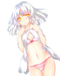 Rule 34 | 1girl, artist request, bra, breasts, cleavage, cowboy shot, dress shirt, elsword, eve (elsword), facial mark, floating hair, groin, long hair, looking at viewer, navel, open clothes, open shirt, panties, parted lips, pink bra, pink panties, shirt, silver hair, simple background, small breasts, solo, underwear, white background, white shirt, yellow eyes