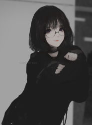 Rule 34 | 1girl, absurdres, aoi ogata, artist name, black-framed eyewear, black hair, black shirt, black theme, closed mouth, commentary, glasses, highres, long hair, long sleeves, looking at viewer, original, paw pose, red lips, round eyewear, shirt, smile, solo
