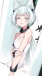 Rule 34 | 1girl, :o, animal ear fluff, animal ears, aqua eyes, arknights, bare shoulders, cat ears, collar, cuffs, dress, grey hair, half-closed eyes, hand on own arm, highres, long hair, looking at viewer, official alternate costume, parted lips, rosmontis (arknights), rosmontis (become anew) (arknights), shackles, signal 1120, sleeveless, sleeveless dress, solo, upper body, very long hair, white dress