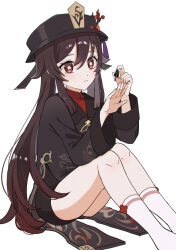 Rule 34 | 1girl, applying manicure, black coat, black hat, black shorts, bright pupils, brown hair, closed mouth, coat, coattails, commentary, feet out of frame, flower, flower-shaped pupils, genshin impact, hair between eyes, hat, hat flower, hat tassel, highres, hu tao (genshin impact), long hair, long sleeves, marodayo 33, nail polish, orange eyes, painting nails, shorts, socks, solo, symbol-only commentary, symbol-shaped pupils, twintails, white pupils, white socks