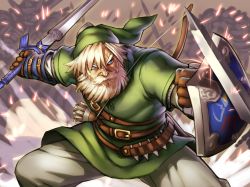 Rule 34 | 1boy, aged up, arrow (projectile), bad id, bad twitter id, battle, beard, belt, blonde hair, blue eyes, bow (weapon), facial hair, hat, hylian shield, knife, link, male focus, manly, master sword, nintendo, old, pointy ears, quiver, scar, shield, solo, sparks, sword, the legend of zelda, throwing knife, weapon, yapo (croquis side)