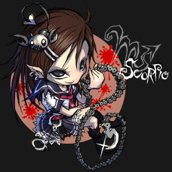 Rule 34 | black eyes, brown hair, chain, cuffs, earrings, hair ornament, hairclip, handcuffs, hook, jewelry, personification, pointy ears, scorpion, skirt, smile, ume (illegal bible), zodiac