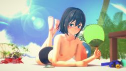 Rule 34 | 1girl, 3d, absurdres, artist request, beach, black hair, black jammers, black male swimwear, blue eyes, blue sky, blush, breasts, character request, copyright request, crab, day, feet, female focus, flat chest, highres, jammers, looking at viewer, male swimwear, male swimwear challenge, medium hair, nipples, outdoors, sand, sky, solo, source request, swimsuit, tagme, topless, tree