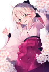 Rule 34 | 1girl, :d, ahoge, black bow, blurry, blurry background, blurry foreground, blush, bow, brown eyes, cherry blossoms, commentary request, depth of field, fate/grand order, fate (series), flower, hair between eyes, hair bow, hakama, hakama skirt, hands up, highres, japanese clothes, kimono, koha-ace, light brown hair, long hair, long sleeves, okita souji (fate), okita souji (koha-ace), open mouth, petals, pink kimono, purple hakama, skirt, smile, solo, suisen-21, white flower, wide sleeves