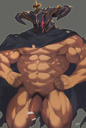 Rule 34 | 1boy, abs, bar censor, bara, bottomless, cape, censored, cowboy shot, glowing, granblue fantasy, hands on own hips, helmet, horns, large pectorals, male focus, muscular, nipples, pectorals, pectorals, penis, pubic hair, rlbiok, solo, tagme, testicles, thighs, vaseraga
