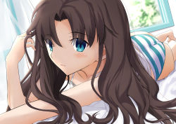 Rule 34 | 1girl, a-senmei, ass, bed sheet, blue eyes, blush, brown hair, camisole, curtains, fate/stay night, fate (series), hair down, hand in own hair, highres, long hair, looking at viewer, lying, on side, panties, parted lips, solo, spaghetti strap, striped clothes, striped panties, sweatdrop, tohsaka rin, underwear, white camisole, window