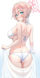 Rule 34 | 1girl, aqua eyes, ass, bare arms, bare back, bikini, blue archive, blush, butt crack, closed mouth, embarrassed, from behind, hair bun, halo, holding, holding clothes, looking at viewer, looking back, mimori (blue archive), pink hair, scrunchie, see-through, simple background, solo, swimsuit, ushimittsu, white background, white bikini, wrist scrunchie