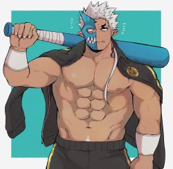 Rule 34 | 1boy, abs, bara, dark-skinned male, dark skin, fang, half mask, highres, horned mask, horns, jacket, large pectorals, male focus, manly, mask, muscular, navel, nipples, oni mask, open clothes, pectorals, short hair, shuten douji (housamo), single horn, solo, tokyo houkago summoners, topless male, track jacket, track suit, upper body, white hair, xxx hana03