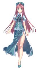 Rule 34 | 1girl, absurdres, blue eyes, bow, braid, china dress, chinese clothes, dress, female focus, frills, full body, hair bow, hat, highres, hong meiling, joeian, legs, long hair, red hair, ribbon, shoes, short sleeves, side slit, solo, standing, embodiment of scarlet devil, touhou, transparent background, twin braids