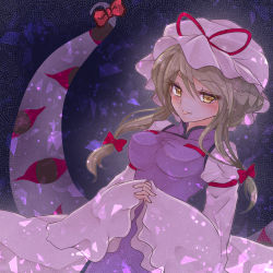 Rule 34 | 1girl, alternate color, alternate hairstyle, arm strap, black eyes, blonde hair, bow, breasts, closed eyes, colored sclera, diamond (shape), dress, extra eyes, floating hair, gap (touhou), gradient background, hair bow, hair bun, hair up, hat, hat ribbon, interlocked fingers, leaning back, lips, looking at viewer, medium breasts, mob cap, momobesaeka, own hands together, patterned background, pink dress, pink hat, purple background, red bow, red sclera, ribbon, simple background, single hair bun, smile, solo, tabard, touhou, triangle, upper body, wide sleeves, yakumo yukari, yellow eyes
