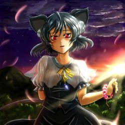 Rule 34 | 1girl, :d, animal ears, backlighting, blush, cowboy shot, futagojima, grey hair, grey shirt, grey vest, highres, looking at viewer, mountain, mouse ears, mouse tail, nazrin, neck ribbon, open mouth, puffy short sleeves, puffy sleeves, red eyes, ribbon, shirt, short hair, short sleeves, skirt, skirt set, sky, smile, solo, star (sky), starry sky, sunlight, sunset, tail, touhou, vest, yellow ribbon