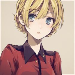 Rule 34 | 10s, 1girl, artist request, bad id, bad twitter id, blonde hair, blue eyes, blush, braid, darjeeling (girls und panzer), french braid, girls und panzer, looking at viewer, military, military uniform, open mouth, short hair, solo, tan background, uniform, upper body