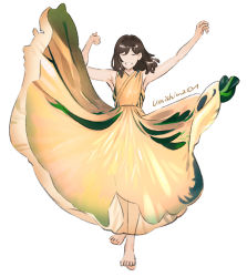 Rule 34 | 1girl, :d, armpits, arms up, bare arms, bare shoulders, barefoot, brown hair, dancing, dress, full body, half-closed eyes, long dress, open mouth, original, short hair, signature, simple background, smile, solo, standing, umishima senbon, white background, yellow dress