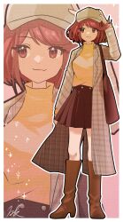 Rule 34 | 1girl, alternate costume, autumn, black skirt, bob cut, boots, brown footwear, coat, dot nose, full body, hand on headwear, hand on own head, high heel boots, high heels, highres, kyosuke1413koba, looking to the side, pink background, plaid, plaid coat, pyra (xenoblade), red eyes, red hair, signature, simple background, skirt, smile, standing, sweater, swept bangs, xenoblade chronicles (series), xenoblade chronicles 2, yellow sweater, zoom layer