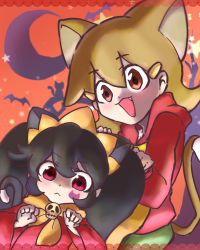 Rule 34 | 2girls, 5-volt, :&lt;, age difference, animal ears, ashley (warioware), bat (animal), black hair, blush, brown eyes, brown hair, cat, cat ears, cat tail, closed mouth, crescent moon, dress, eyebrows, fang, female focus, green pants, hair between eyes, hair ornament, hairclip, highres, hood, hood down, hoodie, kemonomimi mode, long sleeves, looking at viewer, moon, multiple girls, nintendo, open mouth, orange neckwear, pants, paw pose, red dress, red eyes, red hoodie, sidelocks, silhouette, size difference, skull, smile, star (symbol), tail, twintails, warioware, wide-eyed