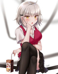 Rule 34 | 1girl, :o, ahoge, alternate costume, black ribbon, black skirt, black thighhighs, blurry, blush, breasts, buttons, cleavage, coffee, collared shirt, crossed legs, drinking straw, fate/grand order, fate (series), hair ornament, head rest, jeanne d&#039;arc (fate), jeanne d&#039;arc alter (avenger) (fate), jeanne d&#039;arc alter (fate), medium breasts, miniskirt, naomi (fantasia), open mouth, pleated skirt, red sweater, ribbon, school uniform, shirt, short hair, short sleeves, sidelocks, signature, silver hair, sitting, skirt, solo, sweater, sweater vest, thighhighs, v-shaped eyebrows, white background, white shirt, x hair ornament, yellow eyes