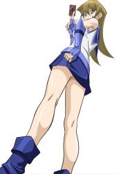 Rule 34 | 1girl, artist request, bare legs, blonde hair, boots, breasts, card, female focus, fingerless gloves, gloves, hajime shindo, highres, holding, holding card, large breasts, long hair, looking back, obelisk blue uniform, skirt, solo, standing, tenjouin asuka, yu-gi-oh!, yu-gi-oh! gx