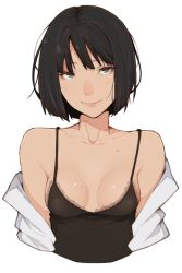 Rule 34 | 1girl, arms at sides, bad artstreet id, bad id, black hair, blee, blue eyes, blush, breasts, closed mouth, collarbone, cropped torso, grey background, light smile, looking at viewer, medium breasts, mole, mole on breast, original, short hair, simple background, smile, solo, upper body
