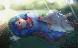 Rule 34 | 1girl, animal ears, bad id, bad pixiv id, barefoot, bloomers, blue dress, blue hair, closed mouth, clothes lift, dappled sunlight, day, dress, dress lift, highres, looking at viewer, lying, on side, outdoors, puffy short sleeves, puffy sleeves, rabbit ears, red eyes, seiran (touhou), septet (zrca janne), short sleeves, smile, solo, sunlight, touhou, underwear