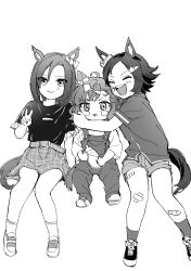 Rule 34 | 3girls, absurdres, aged down, ahoge, air groove (umamusume), animal ears, baby bottle, bandaid, bandaid on face, bandaid on knee, bandaid on leg, belt, blush, blush stickers, bottle, child, closed eyes, closed mouth, crossed bandaids, full body, greyscale, hair ornament, hairclip, highres, holding, holding bottle, horse ears, horse girl, horse tail, hug, invisible chair, jungle pocket (umamusume), looking at viewer, monochrome, multiple girls, nayuta ggg, open mouth, overalls, shirt, shoes, short sleeves, shorts, sitting, skirt, smile, sneakers, socks, tail, tongue, tongue out, umamusume, v, winning ticket (umamusume)