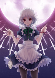 Rule 34 | 1girl, apron, bad id, bad pixiv id, blue dress, blue skirt, bow, braid, dress, female focus, full moon, hair bow, izayoi sakuya, knife, koto (colorcube), looking at viewer, maid, maid apron, moon, night, pantyhose, pocket watch, silver hair, skirt, smile, solo, star (sky), throwing knife, touhou, twin braids, waist apron, watch, weapon