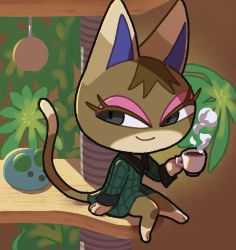 Rule 34 | animal crossing, brown background, cat, cat tower, cup, highres, holding, holding cup, kitty (animal crossing), kopa nishikida, looking at viewer, nintendo, sitting, smirk