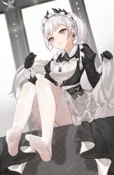 Rule 34 | 1girl, absurdres, ambience synesthesia, arknights, black gloves, black shirt, collared shirt, commentary request, dress, gloves, grey eyes, grey hair, hands up, highres, irene (arknights), jiejiejiejiejie993, juliet sleeves, legs, long hair, long sleeves, no shoes, pantyhose, parted lips, puffy sleeves, scar, scar across eye, shirt, soles, solo, toes, very long hair, white dress, white pantyhose