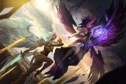 Rule 34 | 2girls, absurdres, angel, angel wings, armor, blakebyun, bracelet, breasts, chain, chest plate, cleavage, cloud, cloudy sky, collar, dress, dual wielding, feathers, fighting, fighting stance, floating, gauntlets, glowing, glowing hand, highres, holding, jewelry, kayle (league of legends), landscape, league of legends, leg armor, light, looking at another, morgana (league of legends), multiple girls, necklace, purple eyes, purple hair, sky, smile, sunset, sword, tan, weapon, white hair, wings, yellow eyes