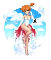 Rule 34 | 1girl, breasts, cleavage, cosplay, creatures (company), diadem, elbow gloves, game freak, gen 1 pokemon, gloves, goldeen, goldeen (cosplay), green eyes, hair ornament, high heels, highres, leotard, linkartoon, looking at viewer, misty (pokemon), nintendo, pokemon, pokemon (anime), pokemon (classic anime), pokemon ep043, showgirl skirt, solo, white footwear, white leotard