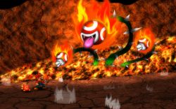 Rule 34 | 1boy, 1girl, absurdres, angry, battle, bob-omb, bomb, bombette, boots, crack, explosive, facial hair, fangs, fighting stance, fire, fuse, gloves, hat, highres, lava bud, lava piranha, lips, mario, mario (series), lava, mustache, nintendo, paper mario, paper mario 64, piranha plant, plant, steam, suspenders, tongue, tongue out